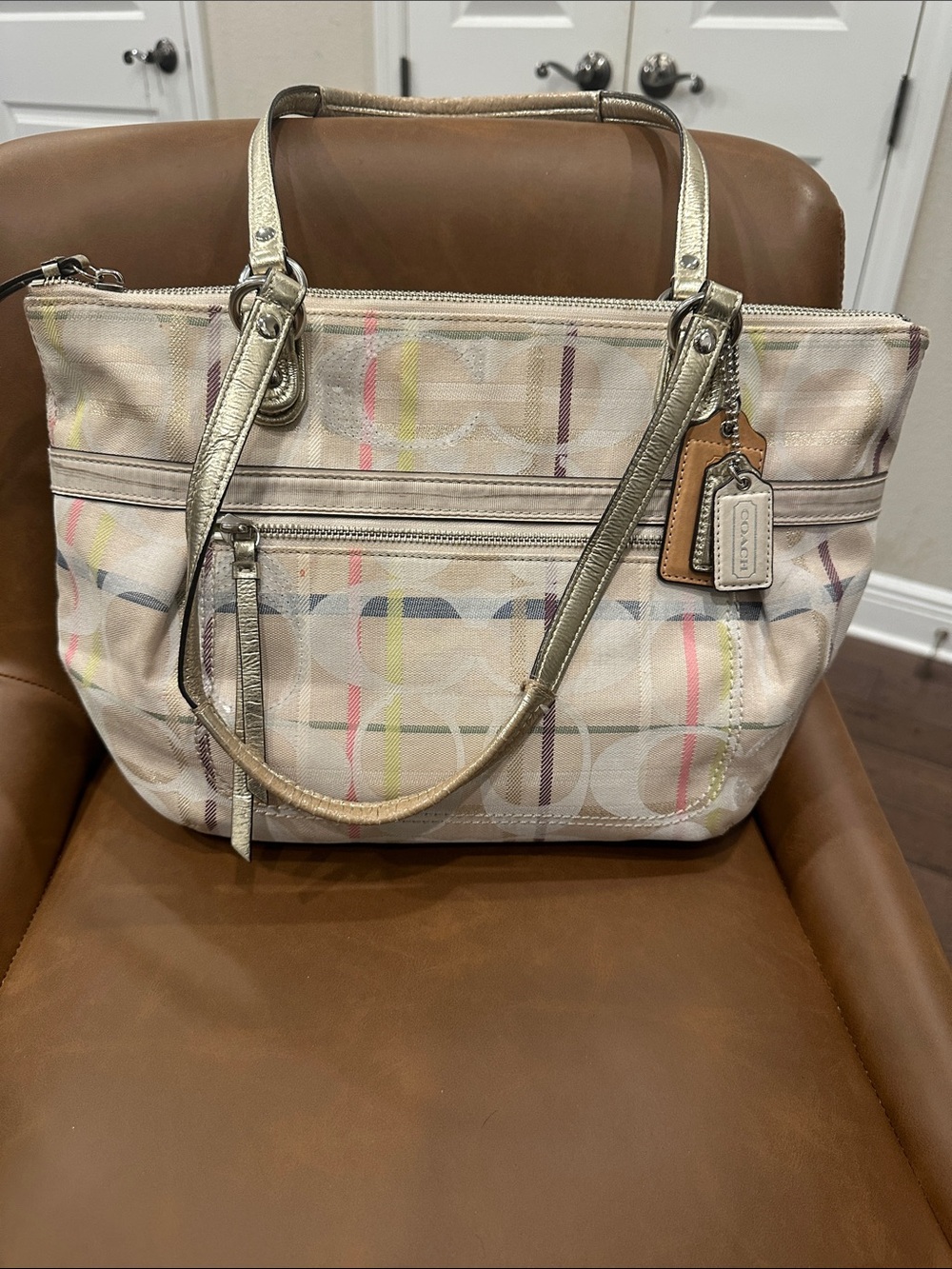 “Coach Poppy Glam Tote 19871 Multicolor Signature Canvas Metallic Gold Trim”